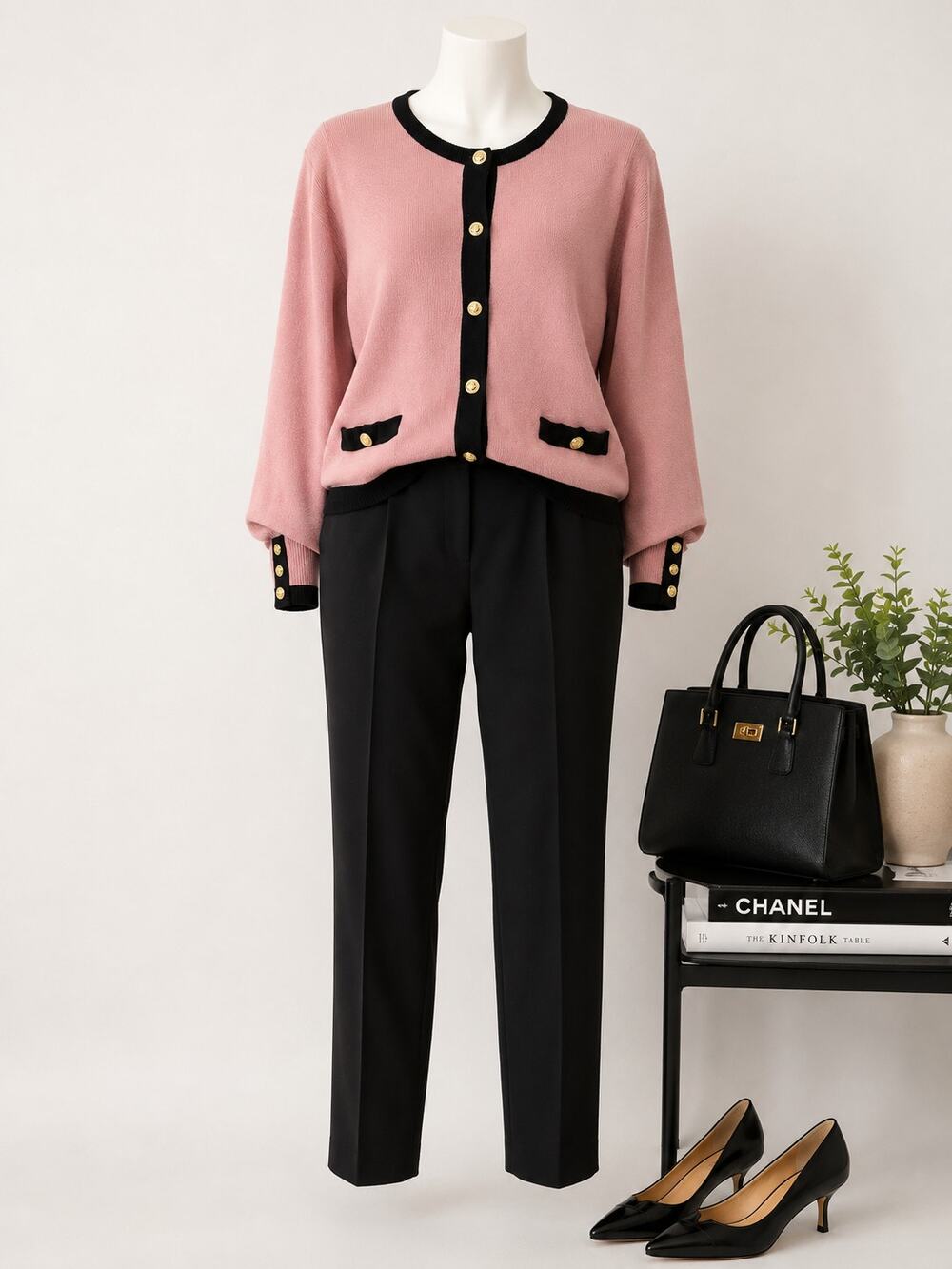 Pink Black Gold Button Cardigan Vintage Career Office 90's Kathryn Deene 18 20